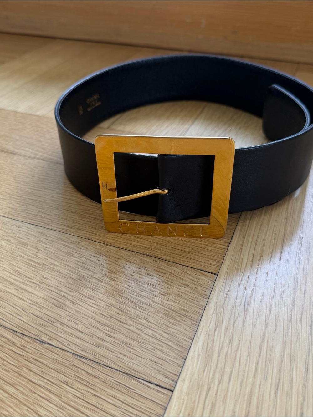 CHANEL Black Leather Belt with Gold Square Logo Buckle